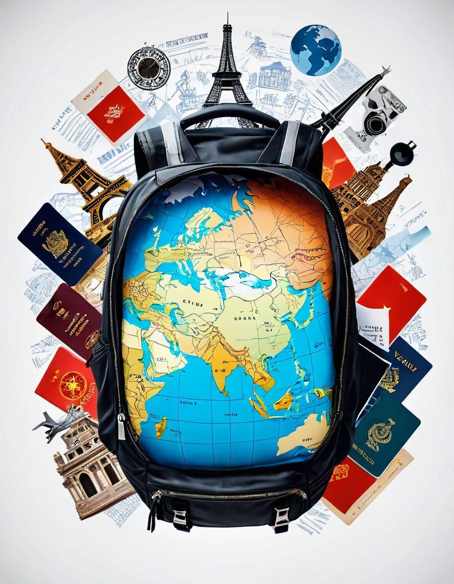 A collage of travel essentials like a globe, a passport, and a backpack placed on a world map, accompanied by vibrant icons representing tips such as a checklist, a camera, and a smartphone with travel apps. The background showcases famous landmarks from around the world, like the Eiffel Tower and the Great Wall of China, blending seamlessly into the scene. Bright and inviting colors to evoke a sense of adventure and excitement. super-realistic. vibrant colors. white background.