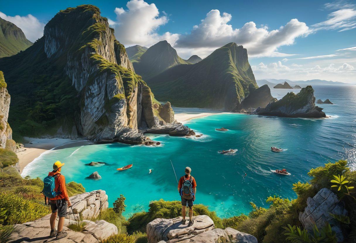 A breathtaking landscape featuring a diverse range of iconic travel destinations, such as lush mountains, serene beaches, and historic landmarks, intertwined with an adventurous traveler holding a Flybook guide, mapping out their journey. The scene is vibrant and full of life, showcasing various cultures and activities like hiking, sailing, and exploring ancient ruins. Emphasize a sense of excitement and discovery. super-realistic. vibrant colors. 3D.