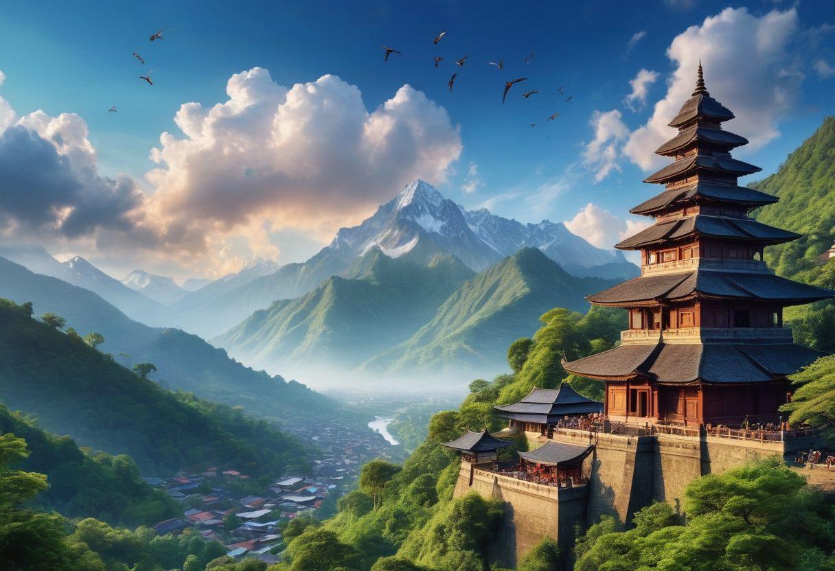 A breathtaking panorama of a scenic route winding through mountains, with vibrant landscapes showcasing lush green valleys and distant peaks. Include cultural landmarks such as an ancient temple and a bustling market in the foreground, filled with people enjoying local crafts and foods. Bright blue skies with fluffy clouds and birds soaring above to evoke a sense of adventure. super-realistic. vibrant colors.